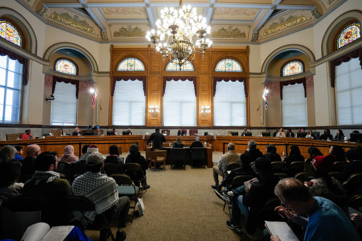 More than 100 people gathered at Cincinanti City Hall Wednesday during a City Council meeting to share thoughts and feelings about an upcoming resolutions for ceasefire in the Middle East.