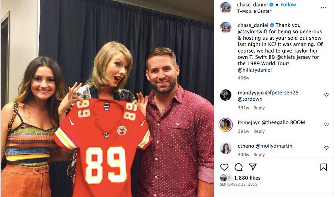 Then-Chiefs quarterback Chase Daniel gave Taylor Swift a team jersey in 2015 when she brought her 1989 World Tour to the Sprint Center, now T-Mobile Center.