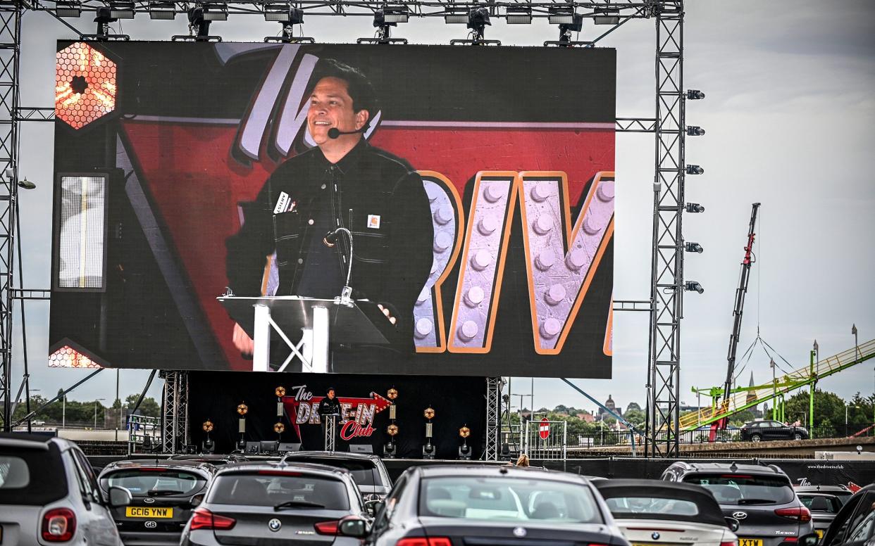 Dom Joly performing outside Brent Cross Shopping Centre - STEVE ULLATHORNE