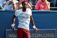 Jul 24, 2016; Washington, DC, USA; Gael Monfils of France rests in between points against Ivo Karlovic of Croatia (not pictured) in the men's singles final of the Citi Open at Rock Creek Park Tennis Center. Monfils won 5-7, 7-6(6), 6-4. Mandatory Credit: Geoff Burke-USA TODAY Sports