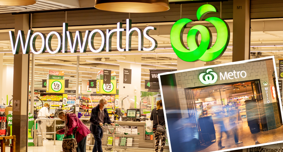 The exterior of a Woolworths store is seen. 