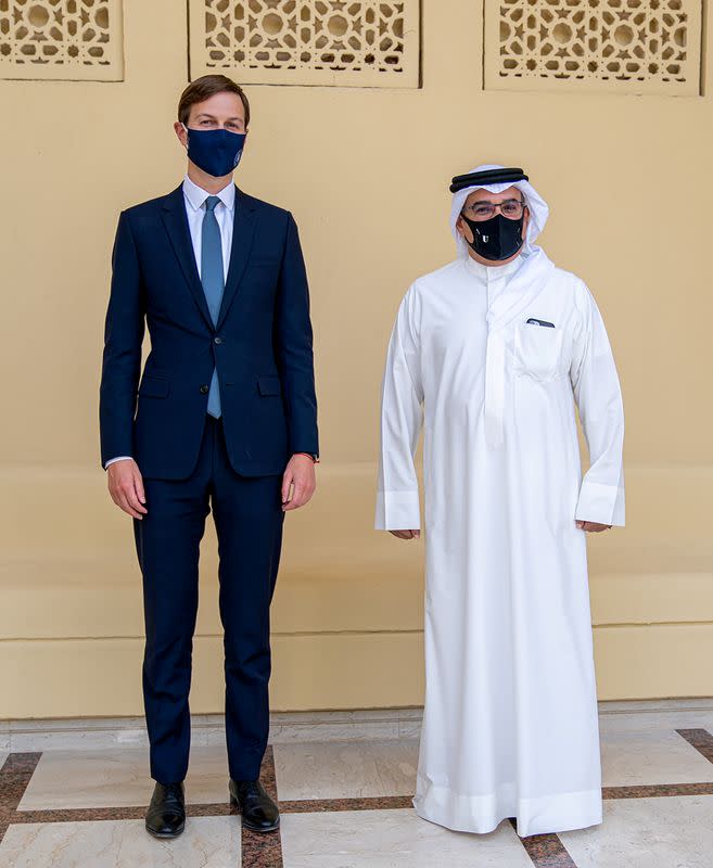 FILE PHOTO: U.S. President's senior adviser, Jared Kushner (L) and Bahrain's Crown Prince Salman bin Hamad Al Khalifa (R) pose for a press photo, during Kushner's visit to Manama, Bahrain