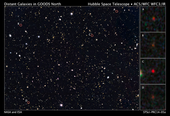 Four unusually bright galaxies (circled) from approximately 500 million years after the Big Bang light up the deep field survey taken by NASA.