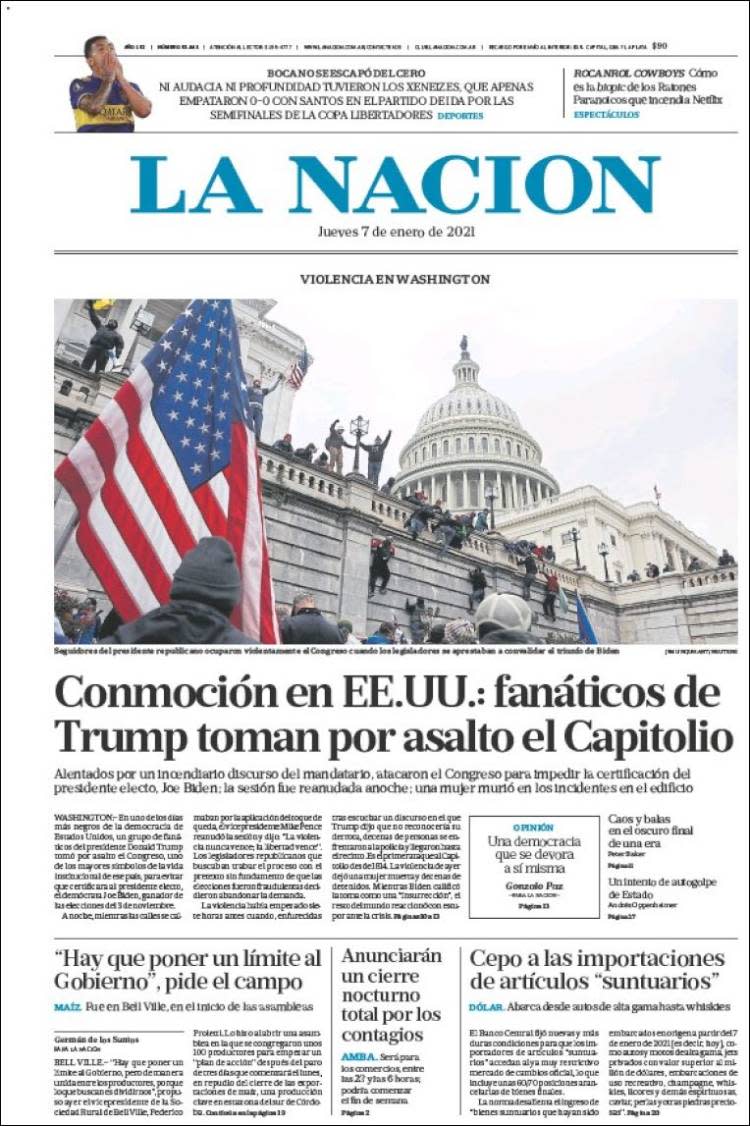 Front page of Argentina's La Nacion on Thursday