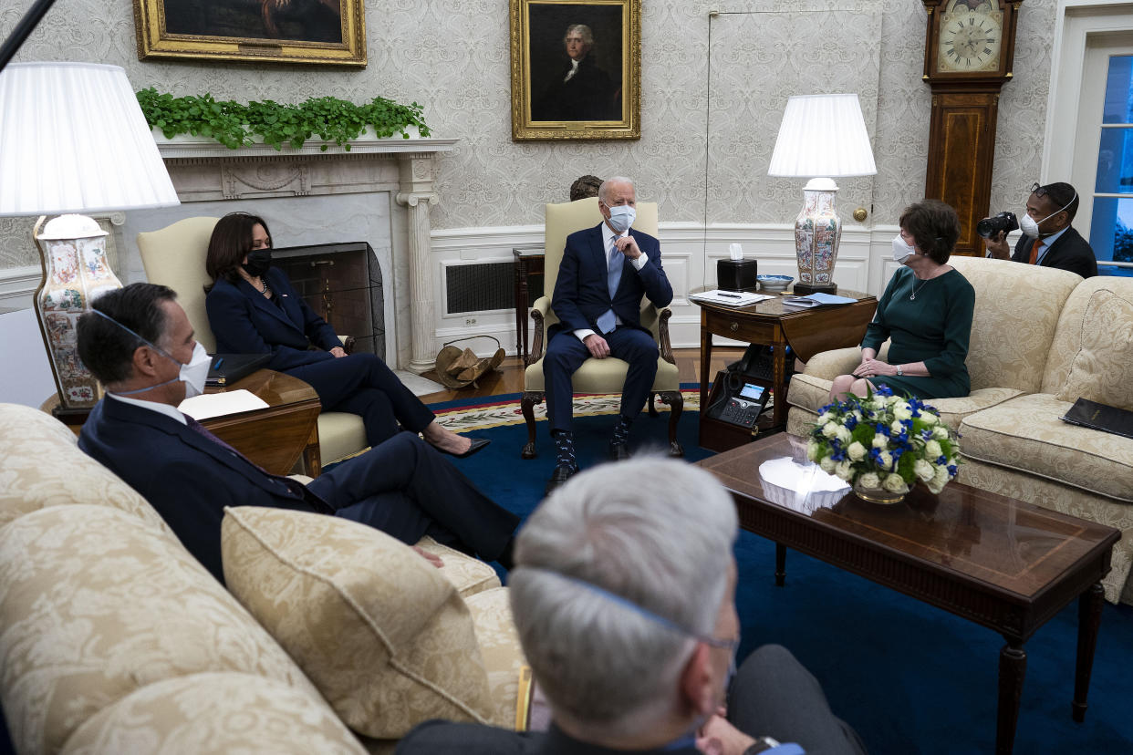 President Joe Biden and Vice President Kamala Harris meet with 10 Republican senators to discuss coronavirus relief. In a new HuffPost/YouGov poll, Americans say they're more concerned over the government spending too little than too much. (Photo: Pool via Getty Images)