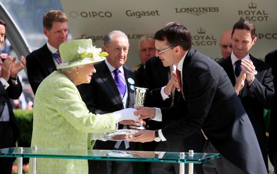 Queen Elizabeth II with winning conections after Blue Point wins the Diamond Jubilee Stakes during day five of Royal Ascot at Ascot Racecourse. (Photo by Adam Davy/PA Images via Getty Images)