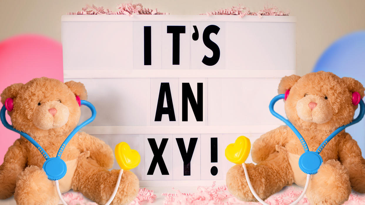 A photo illustration shows two teddy bears wearing stethoscopes in front of a sign proclaiming: It’s an XY!