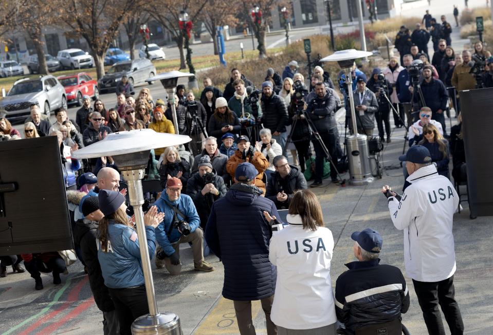A crowd attends a “watch party” as Salt Lake City is named as the preferred host for 2034 Olympics at the Salt Lake City-County Building in Salt Lake City on Wednesday, Nov. 29, 2023. | Laura Seitz, Deseret News