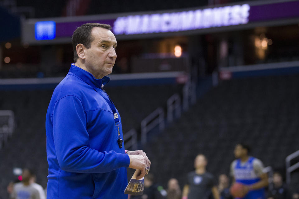 Duke head coach Mike Krzyzewski watches his team during an NCAA men's college basketball practice in Washington, Thursday, March 28, 2019. Duke plays Virginia Tech in an East Regional semifinal game on Friday. (AP Photo/Alex Brandon)