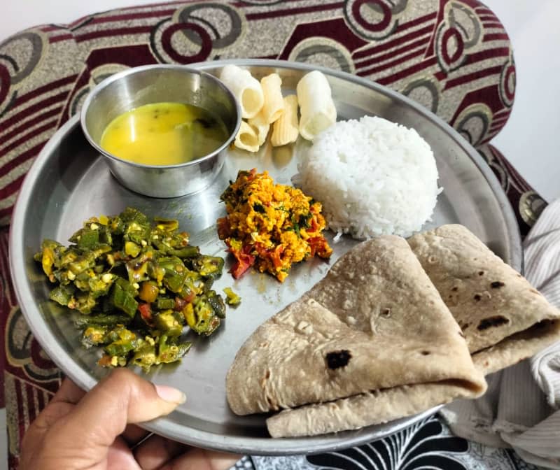 okra sabji (ladyfinger) and scrambled eggs with spring onions and eggs