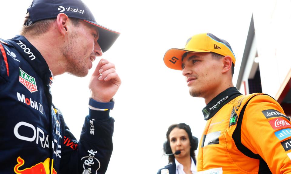 <span>Lando Norris chats with Max Verstappen after the race in Italy.</span><span>Photograph: Mark Thompson/Getty Images</span>