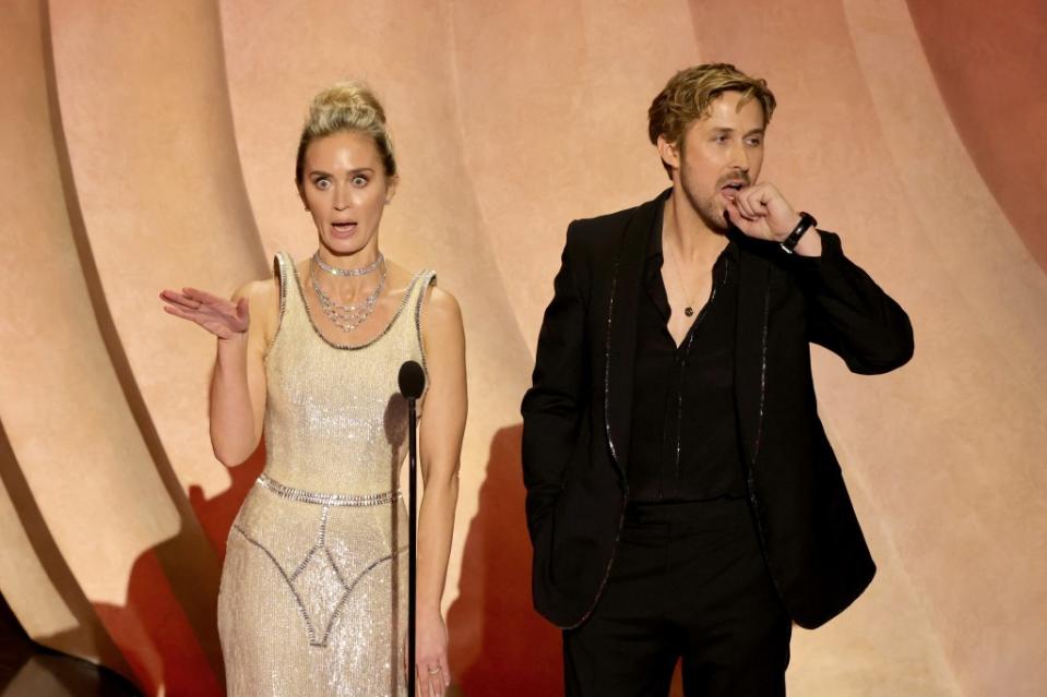 Nominees Emily Blunt and Ryan Gosling rehashed the #Barbenheimer rivalry. Getty Images