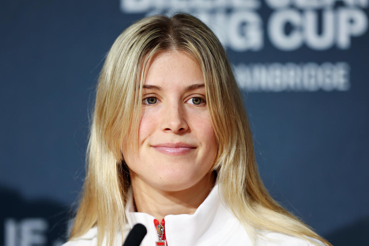 SEVILLE, SPAIN - NOVEMBER 05: Eugenie Bouchard of Team Canada speaks to the media during a press conference prior to the Billie Jean King Cup Finals at Estadio de La Cartuja on November 05, 2023 in Seville, Spain. (Photo by Matt McNulty/Getty Images for ITF)