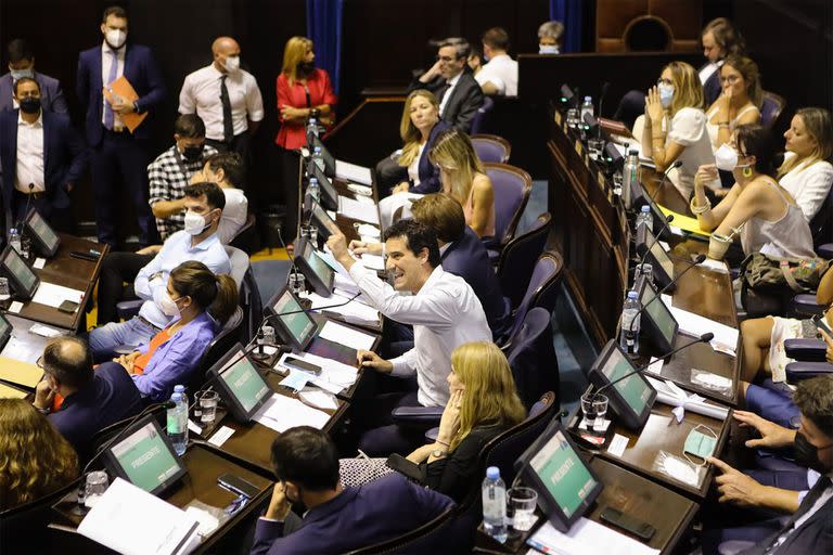 Maximiliano Abad, jefe del bloque de Juntos en Diputados, hace uso de la palabra, anteayer, al votar a favor de nuevas reelecciones