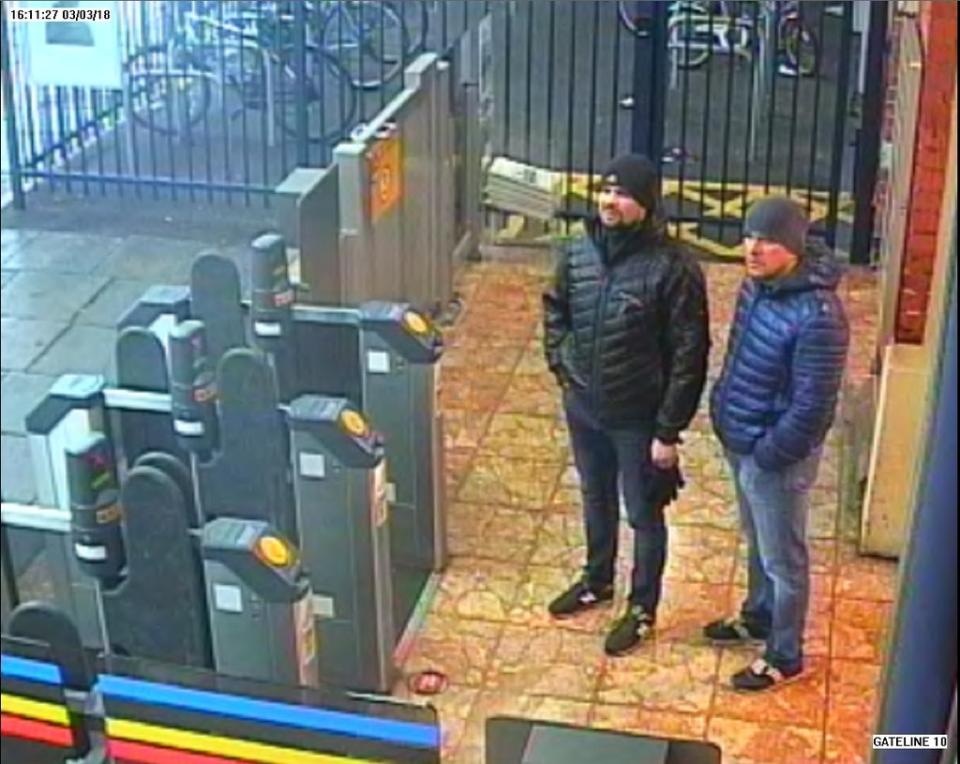 Salisbury Novichok poisoning suspects Alexander Petrov and Ruslan Boshirov are shown on CCTV at Salisbury train station (Metropolitan Police via Getty Im)