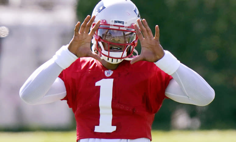 New England Patriots quarterback Cam Newton at practice.