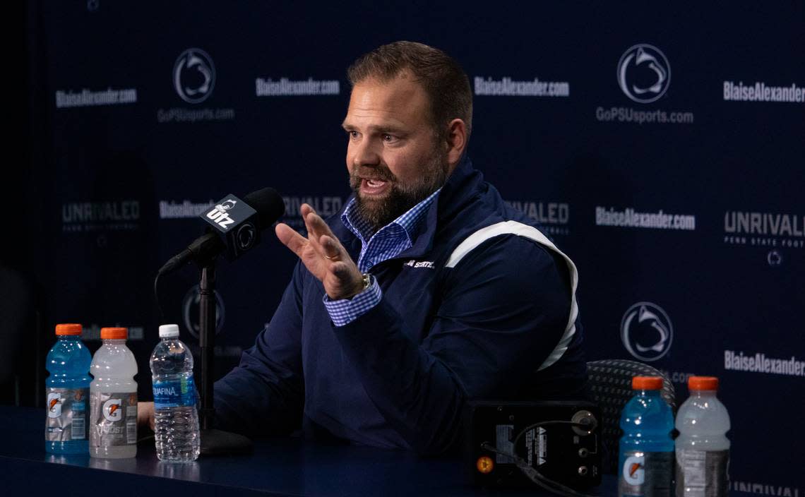 Newly hired Offensive Coordinator Andy Kotelnicki speaks during a press conference for Penn State football’s Peach Bowl media day on Dec. 15, 2023, at Beaver Stadium.