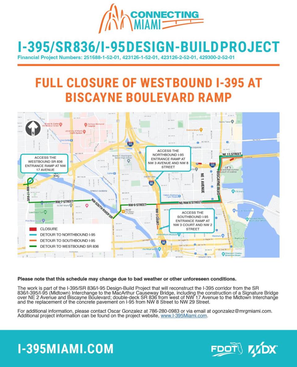 Map of the westbound closures on I-395