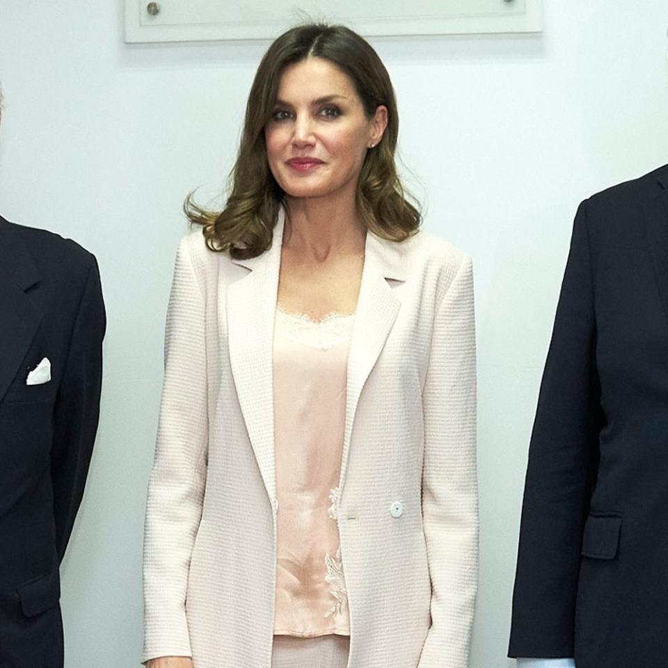 The Spanish monarch's, Queen Letizia, textured suit look combined masculine and feminine vibes in blush tones.