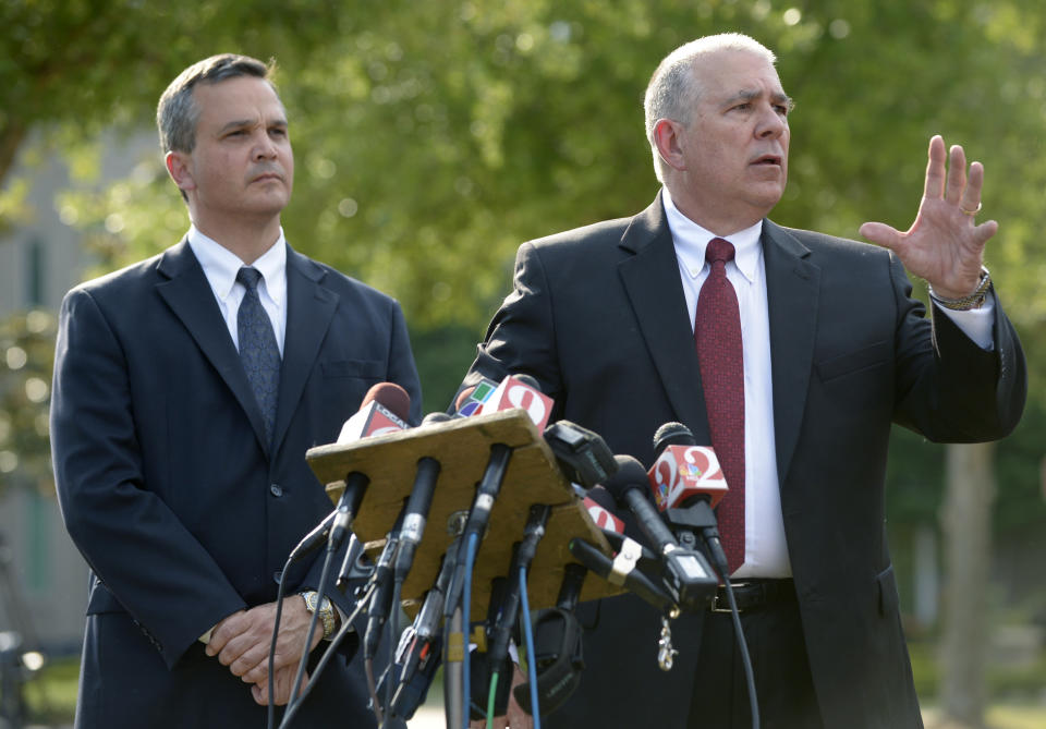 <strong>April 10, 2012</strong> -- Zimmerman's attorneys, Hal Uhrig (right) and Craig Sonner, announce that they will no longer be representing him.