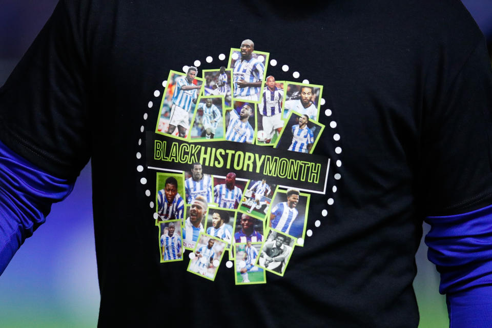 A Black History Month t-shirt worn ahead of the Birmingham City and Huddersfield Town game at the start of Black History Month. (Getty Images)