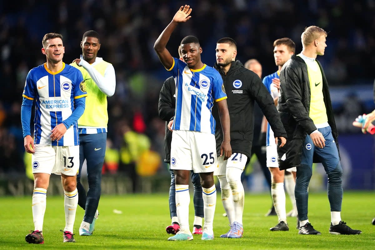 Midfielder Moises Caicedo, centre, was warmly received by the home support during Brighton’s victory over Bournemouth (Zac Goodwin/PA) (PA Wire)