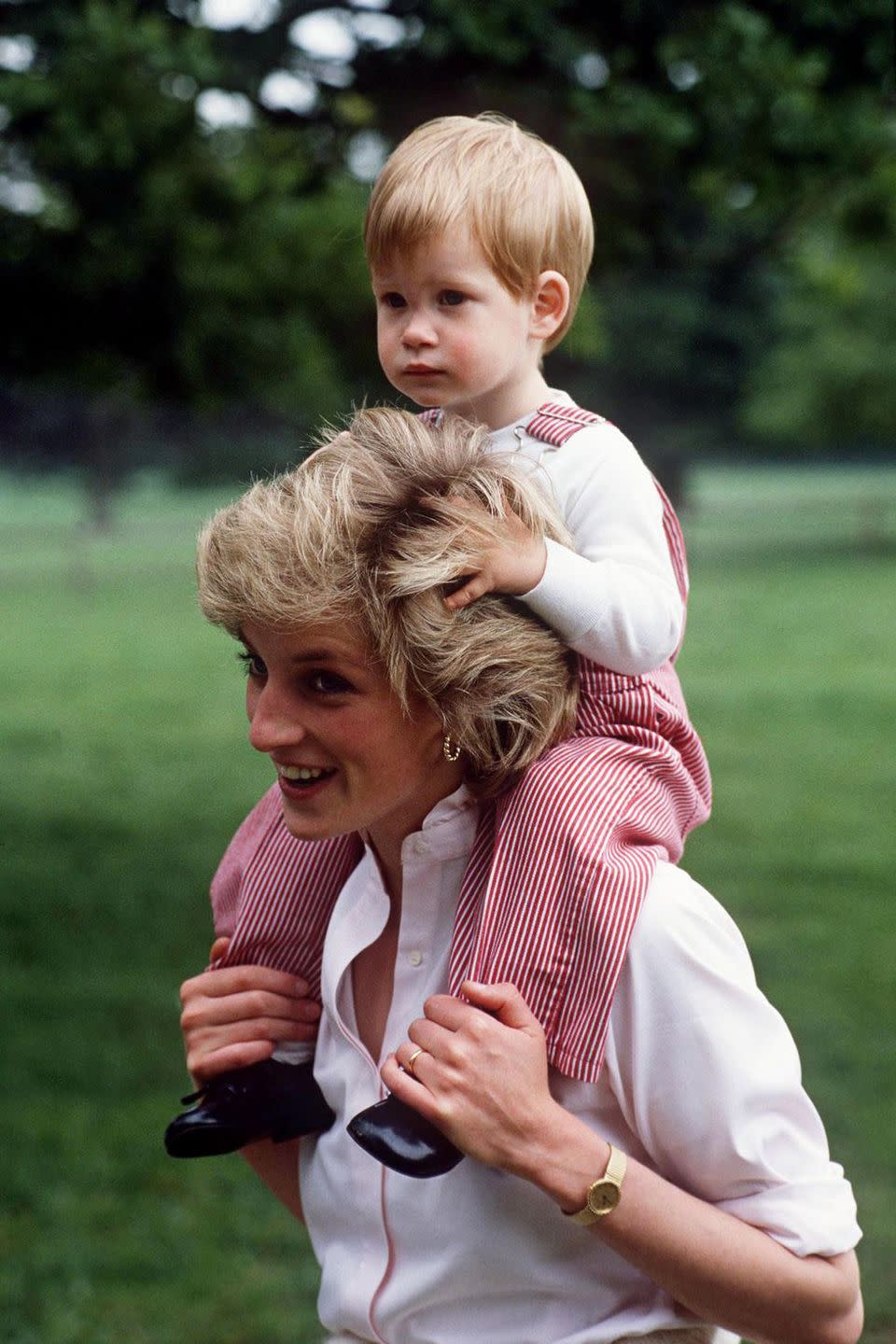 <p>Harry places his hands on Princess Diana as she holds him on her shoulders at Highgrove House.</p>