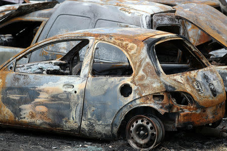 Burned cars are seen in the courtyard of the traffic department in Fortaleza, Brazil January 7, 2019. REUTERS/Paulo Whitaker