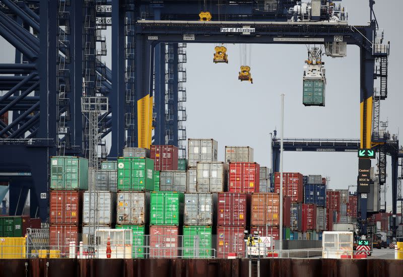 Containers are stacked at the Port of Felixstowe