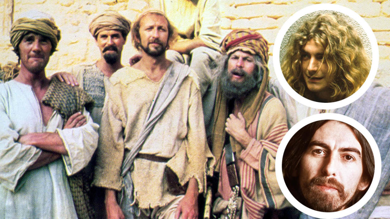  A scene from Monty Python’s The Life Of Brian with insets of Robert Plant and George Harrison. 