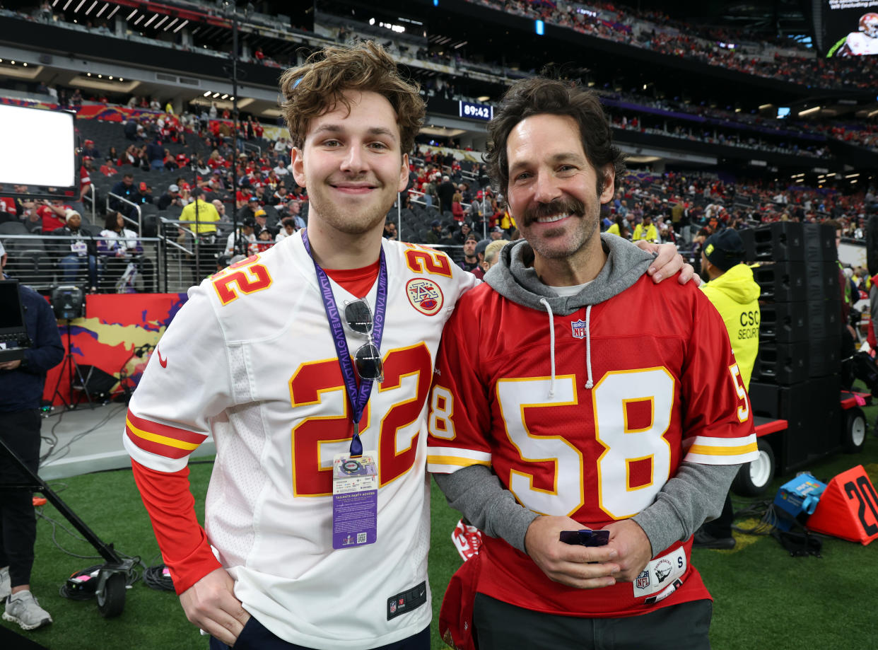 Jack Sullivan Rudd, left, and Paul Rudd at the Super Bowl.