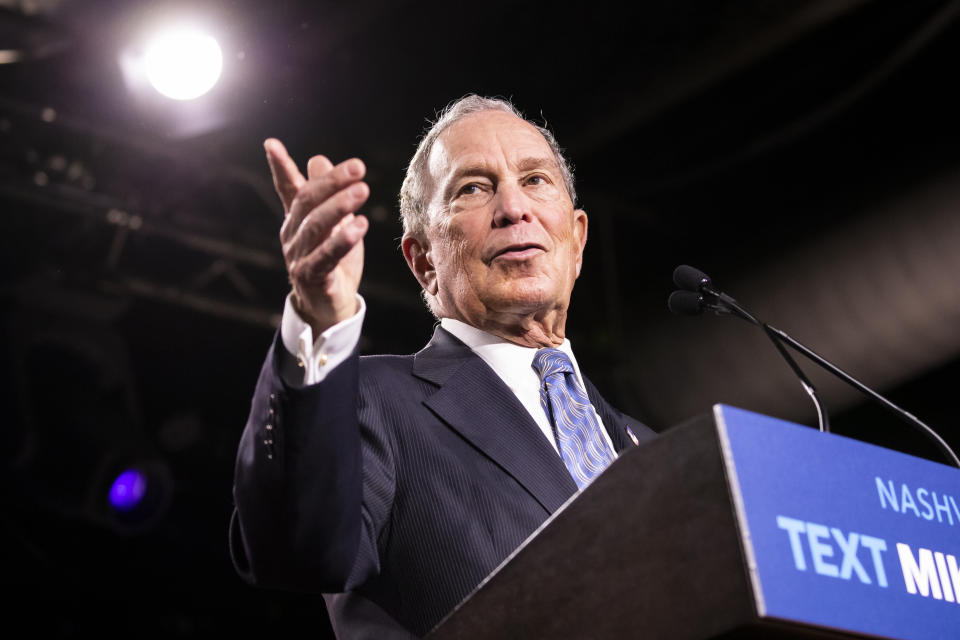 NASHVILLE, TN - FEBRUARY 12:  Democratic presidential candidate former New York City Mayor Mike Bloomberg delivers remarks during a campaign rally on February 12, 2020 in Nashville, Tennessee. Bloomberg is holding the rally to mark the beginning of early voting in Tennessee ahead of the Super Tuesday primary on March 3rd.  (Photo by Brett Carlsen/Getty Images)