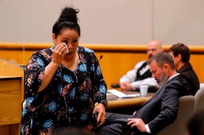 Alex Magallan, family member of victim Leo Birrueta, wipes away tears after making her emotional statement during the sentencing hearing for Katie Summers.