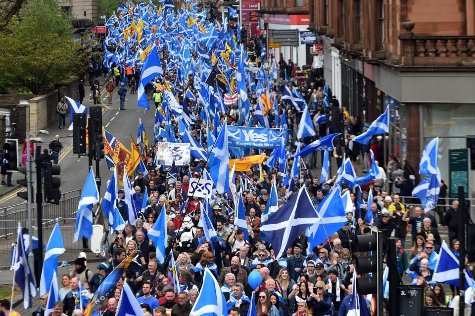 Protesters march through the streets on Glasgow during the All Under One Banner March for Independence in May this year (AFP/Getty Images)