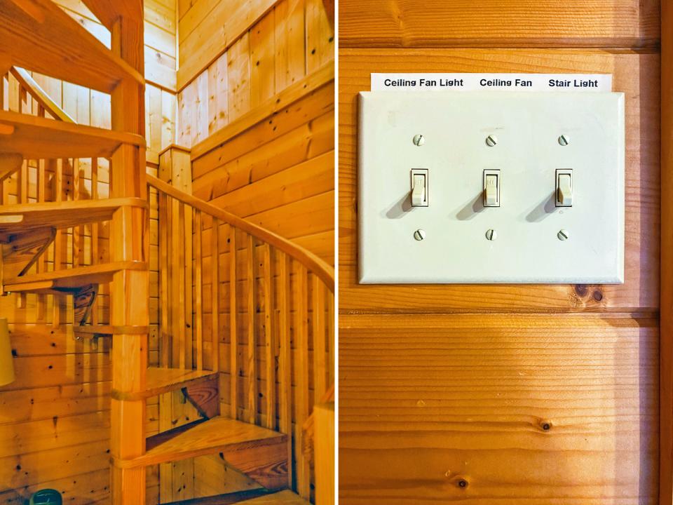 Left image: A wooden spiral staircase viewed from the bottom. The stairs match the wooden walls behind it. Right image: A wooden wall with three labeled light switches between the panels in the center.