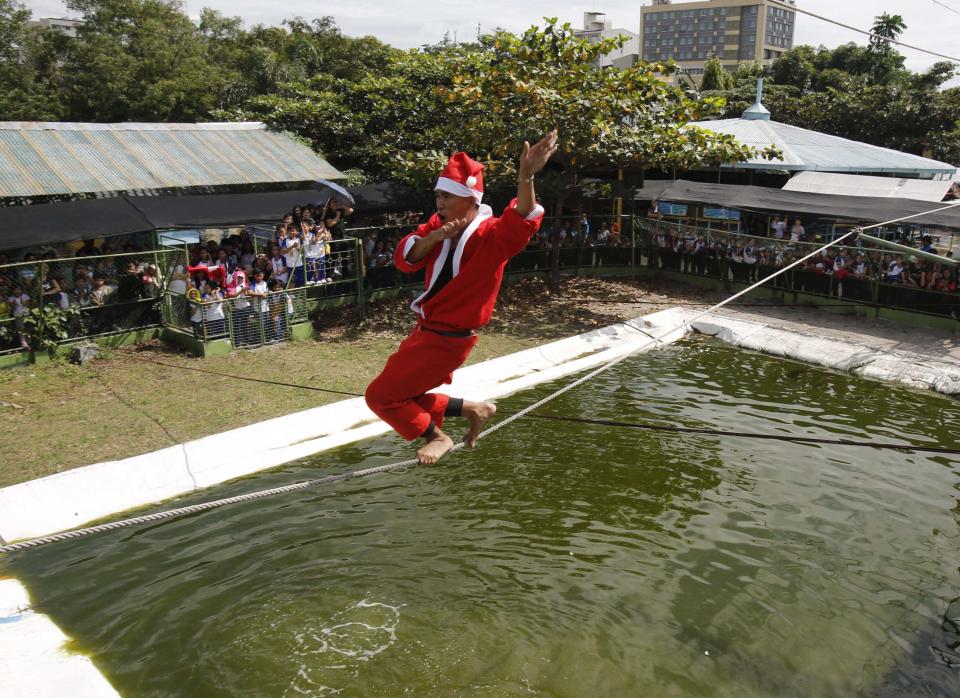 A man walks on a tight rope over live crocodiles while wearing a Santa Claus costume as part of performances for the Yuletide season at a crocodile farm in Pasay city