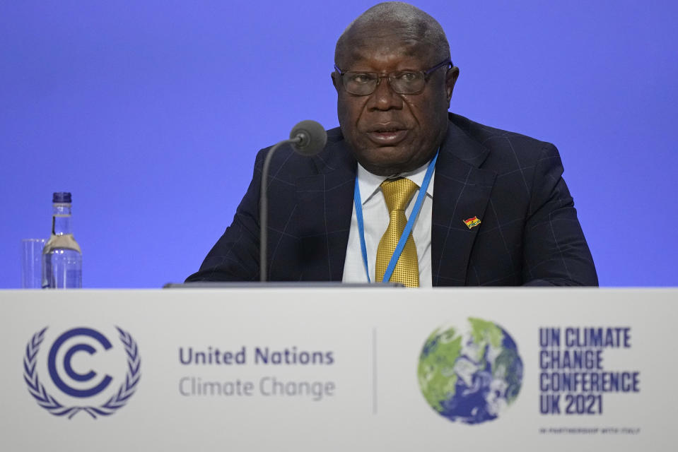 Kwaku Afriyie from Ghana speaks at the COP26 U.N. Climate Summit in Glasgow, Scotland, Thursday, Nov. 11, 2021. (AP Photo/Alastair Grant)