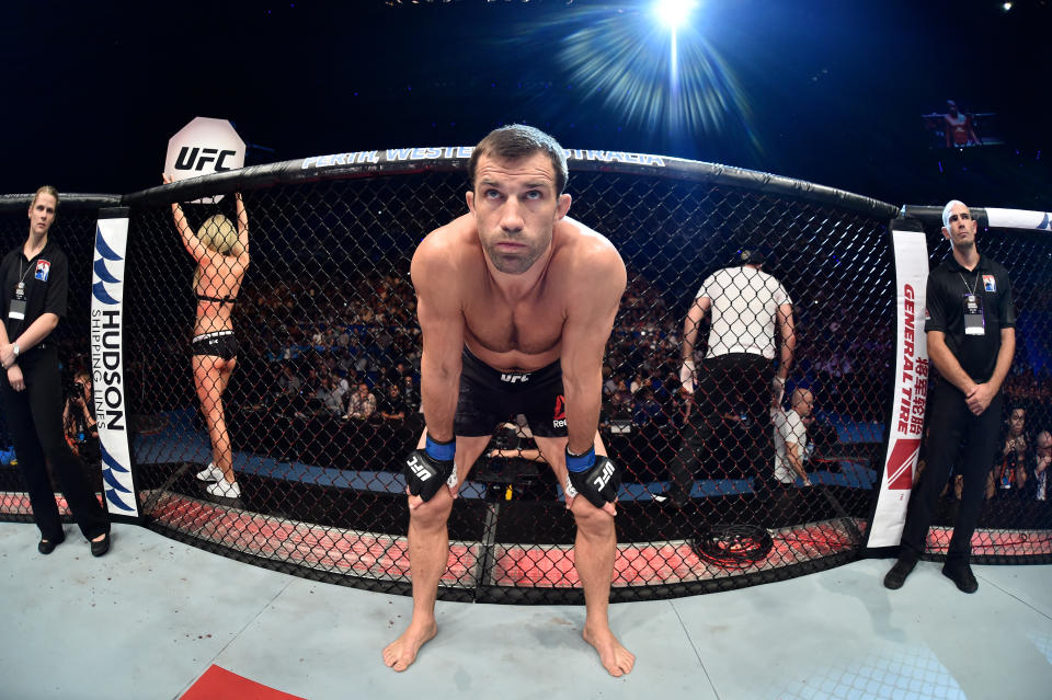 PERTH, AUSTRALIA - FEBRUARY 11:  Luke Rockhold enters the Octagon before facing Yoel Romero of Cuba in their interim middleweight title bout during the UFC 221 event at Perth Arena on February 11, 2018 in Perth, Australia. (Photo by Jeff Bottari/Zuffa LLC/Zuffa LLC via Getty Images)