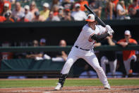 Baltimore Orioles' Adley Rutschman during an at bat against the Cleveland Guardians the first inning of a baseball game, Wednesday, May 31, 2023, in Baltimore. (AP Photo/Julio Cortez)