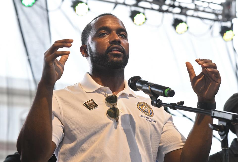 Shreveport Mayor Adrian Perkins speaks at the 35th Annual Let The Good Times Roll Festival.