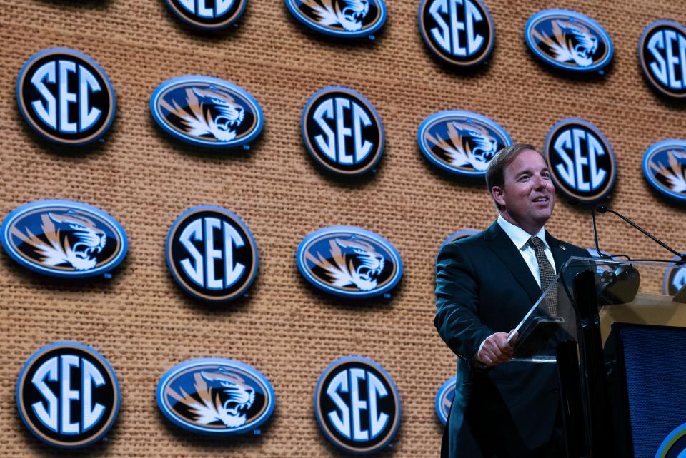 Missouri Head Coach Eliah Drinkwitz addresses the media at the 2023 SEC Football Kickoff Media Days at the Nashville Grand Hyatt on Broadway, Monday, July 17, 2023.