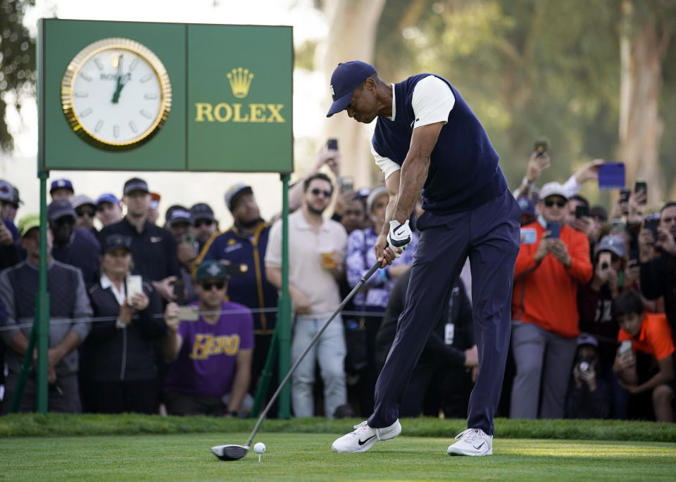 Tiger Woods tees off on the ninth hole during the third round of the Genesis Invitational golf tournament at Riviera Country Club, Saturday, Feb. 15, 2020, in the Pacific Palisades area of Los Angeles. (AP Photo/Ryan Kang)