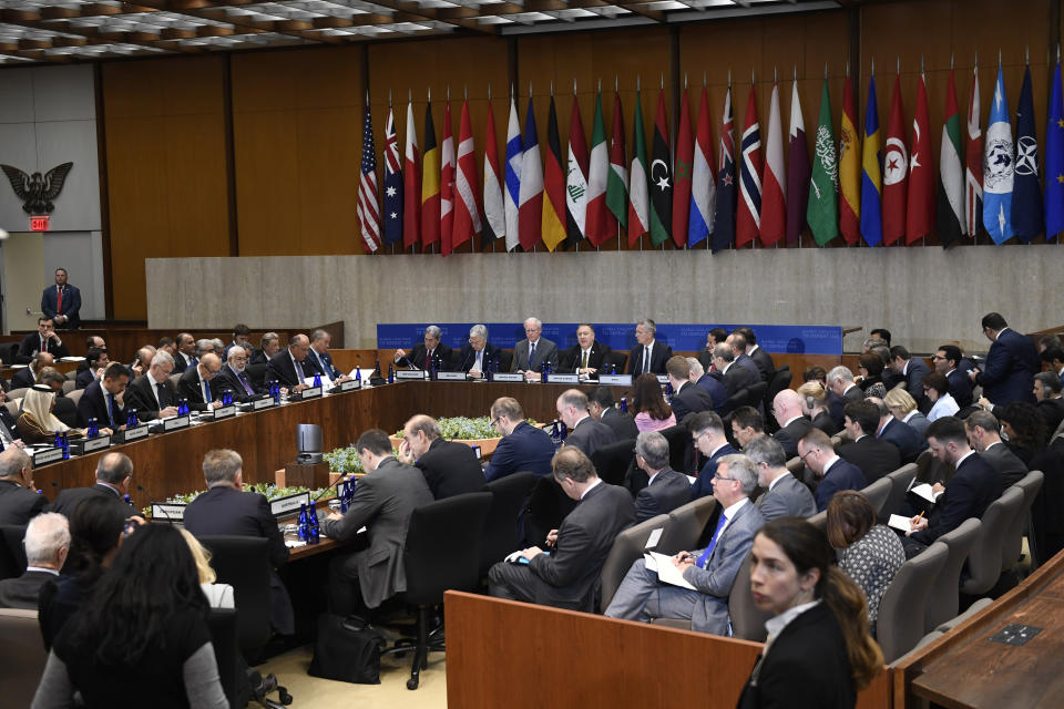 Secretary of Sate Mike Pompeo, center, speaks as he is joined by other foreign ministers and foreign officials at the State Department in Washington, Thursday, Nov. 14, 2019, for the Global Coalition to Defeat ISIS Small Group Ministerial meeting. (AP Photo/Susan Walsh)