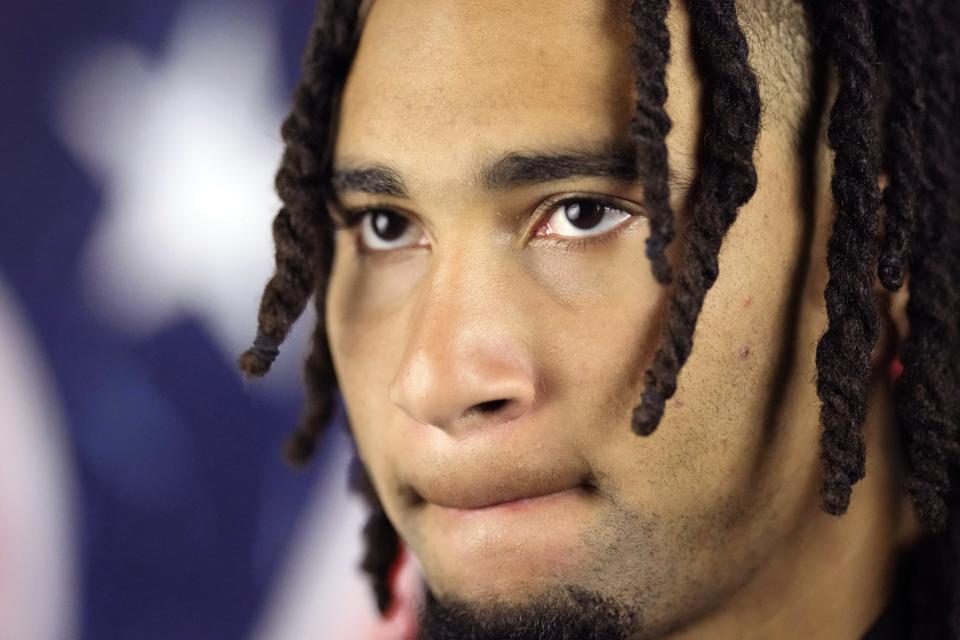 Houston Texans quarterback C.J. Stroud talks about his incarcerated father during an interview Thursday, Nov. 9, 2023, in Houston. Coleridge Bernard Stroud III is serving a 38-year sentence for 2015 charges of carjacking, kidnapping, robbery, and misdemeanor sexual battery. (AP Photo/David J. Phillip)