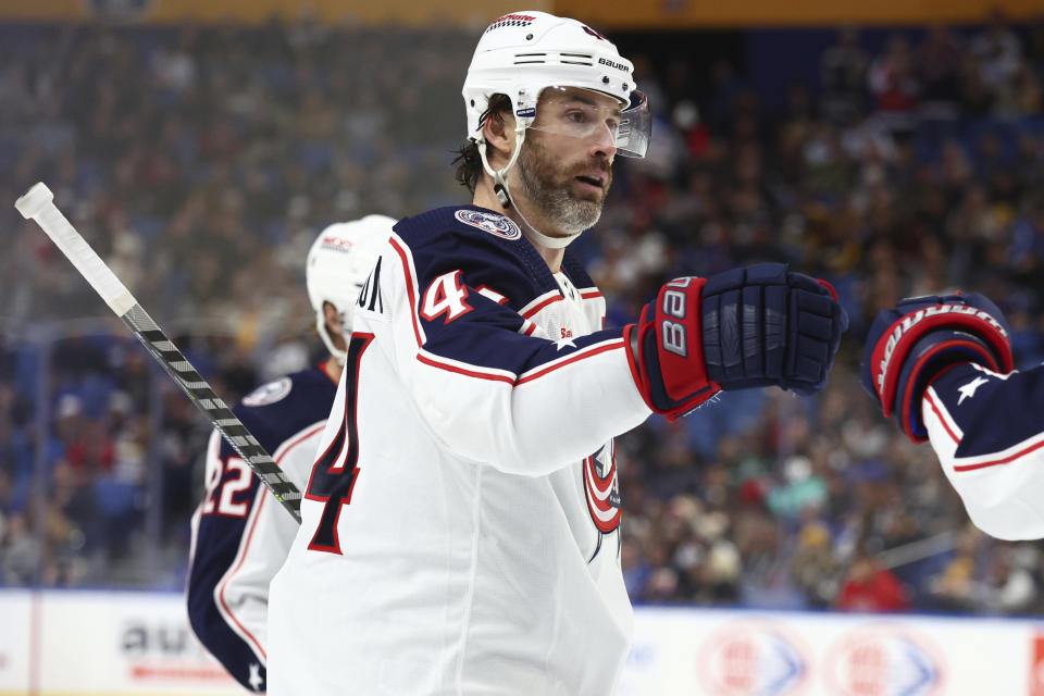 Columbus Blue Jackets defenseman Erik Gudbranson (44) celebrates his goal against the Buffalo Sabres during the second period of an NHL hockey game Tuesday, Dec. 19, 2023, in Buffalo, N.Y. (AP Photo/Jeffrey T. Barnes)