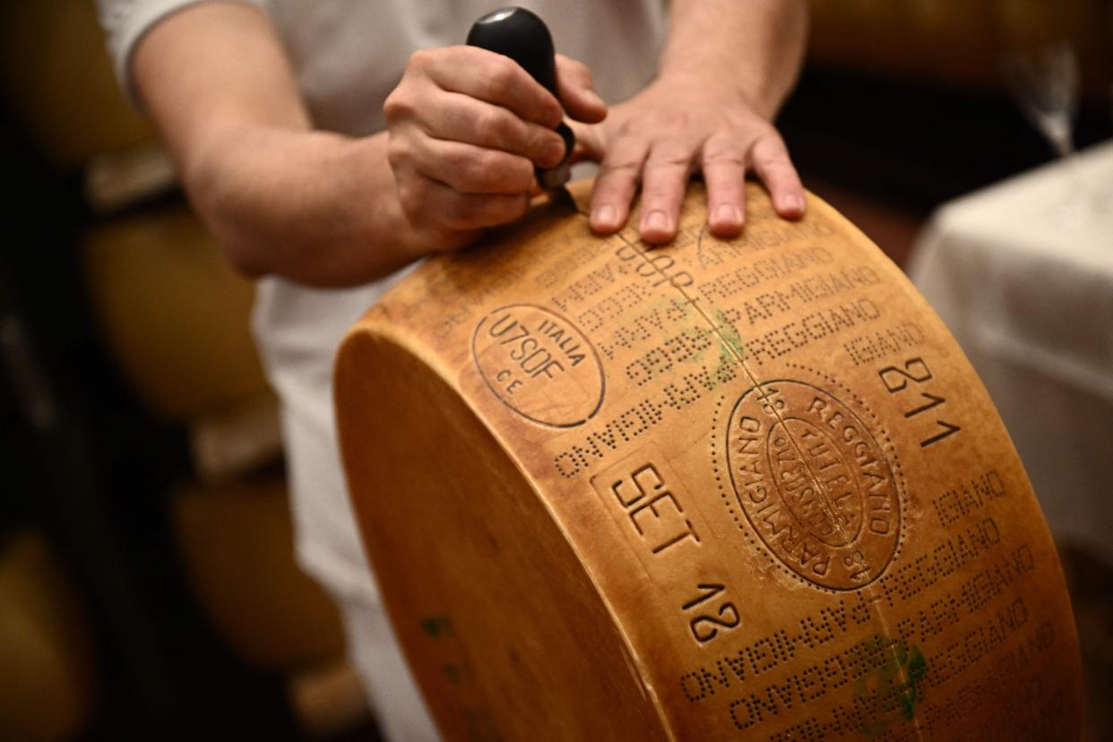 A worker cutting into a large wheel of Parmigiano-Reggiano.
