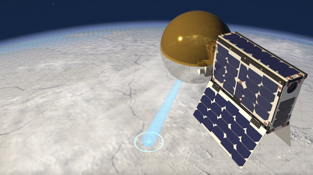  Artist's impression of CatSat with its antenna inflated in orbit around Earth. To compensate for any small leaks it may incur from encounters with space debris or micrometeorites, the engineers provided it with enough gas onboard to completely refill the "balloon" 25 times. 