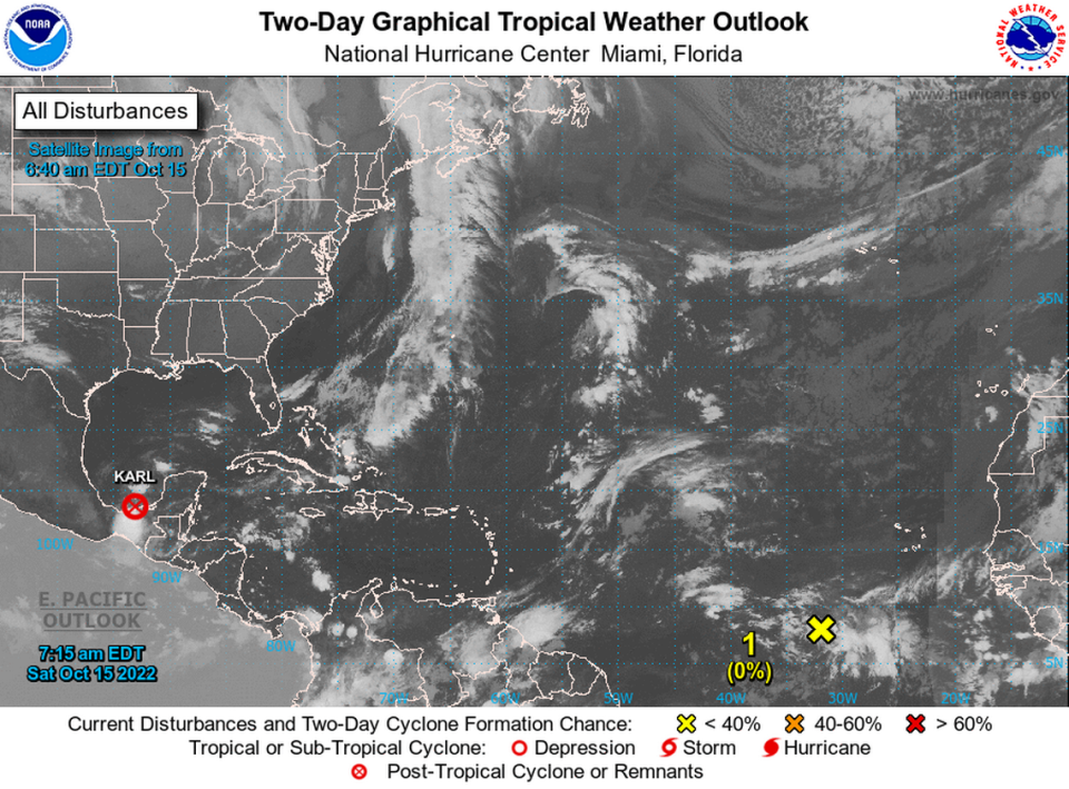 The wave several hundred miles southwest of the Cabo Verde Islands has rains and thunderstorms but has a near zero chance of formation according to the hurricane center’s 8 a.m. Saturday, Oct. 15, 2022, advisory.