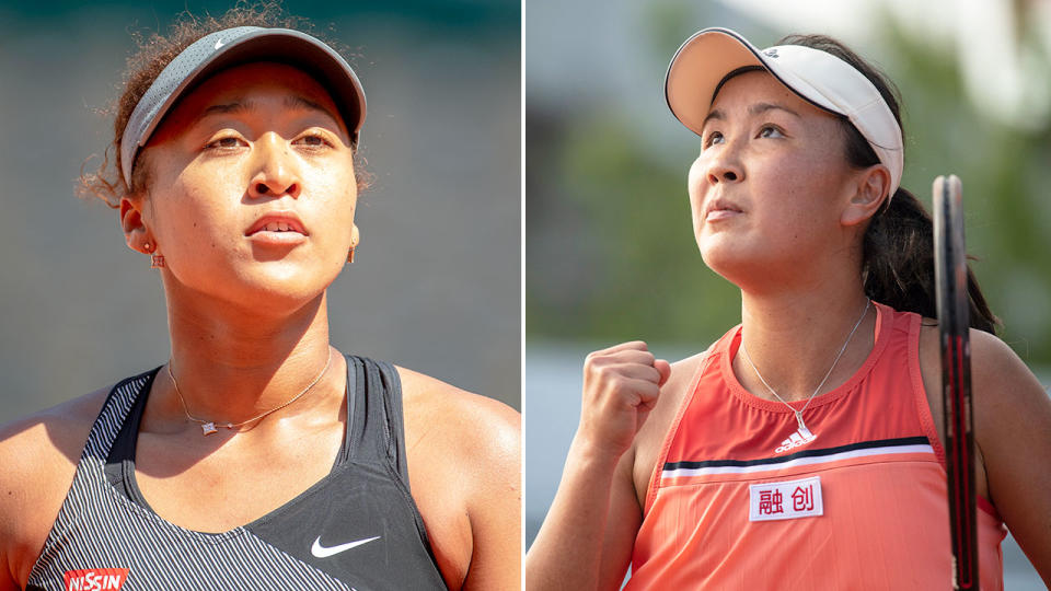 Seen left is Naomi Osaka alongside a photo of fellow tennis star Peng Shuai.