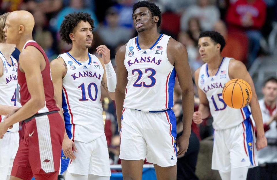 Kansas center Ernest Udeh Jr. (23) reacts to drawing his fourth foul against Arkansas during a second-round college basketball game in the NCAA Tournament Saturday, March 18, 2023, in Des Moines, Iowa.